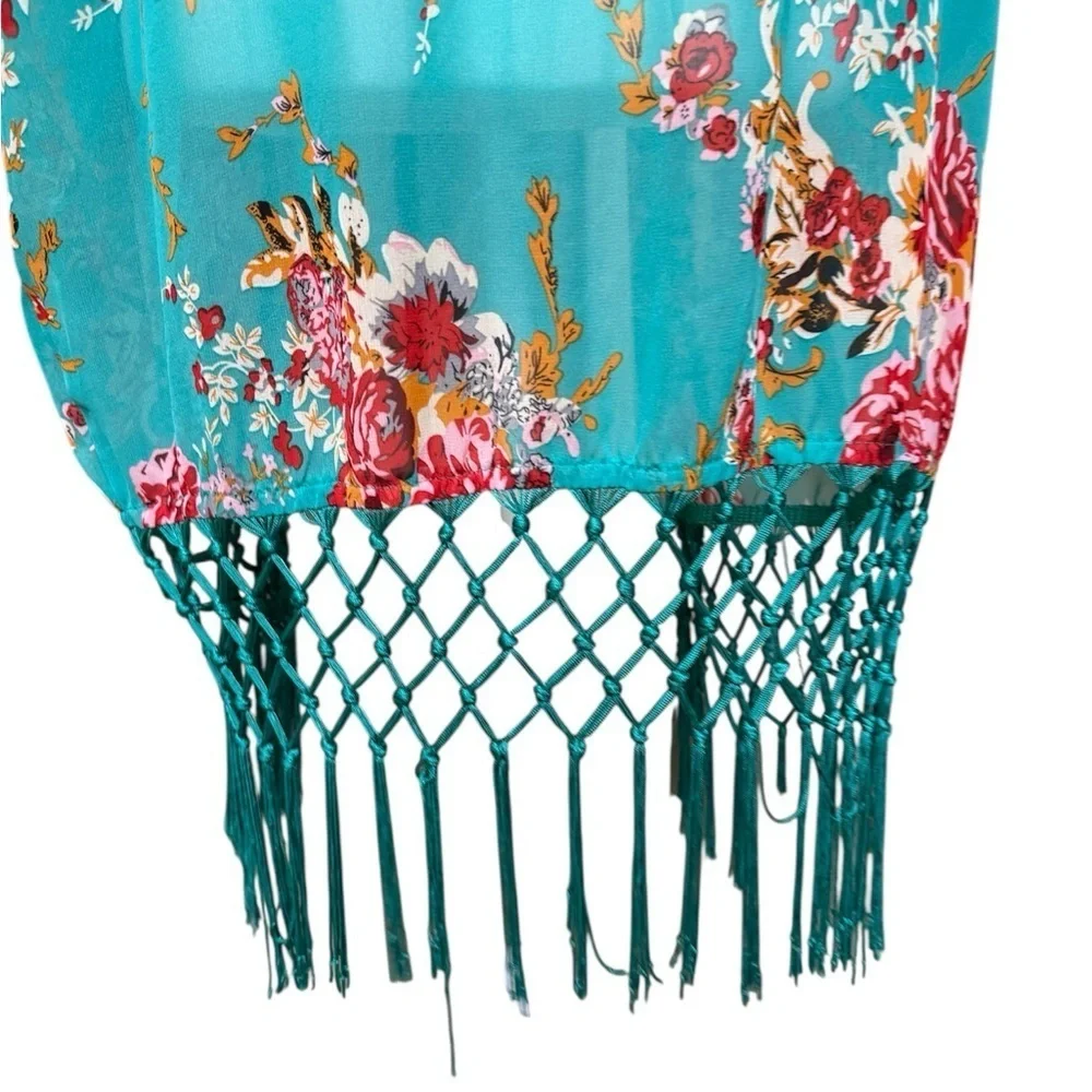 Teal Floral Kimono with Fringe Hem – One Size Open Front Cover Up